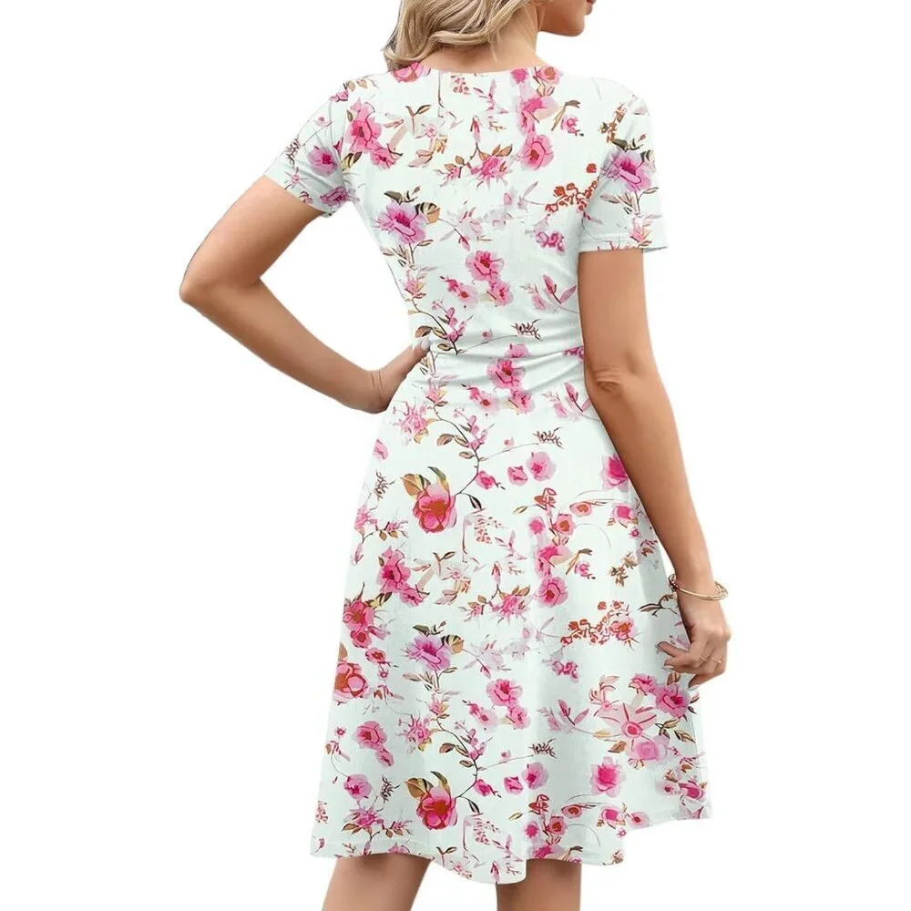 Women's Rose White Elegant Knee Length Vintage A-Line Swing Dress with Pockets